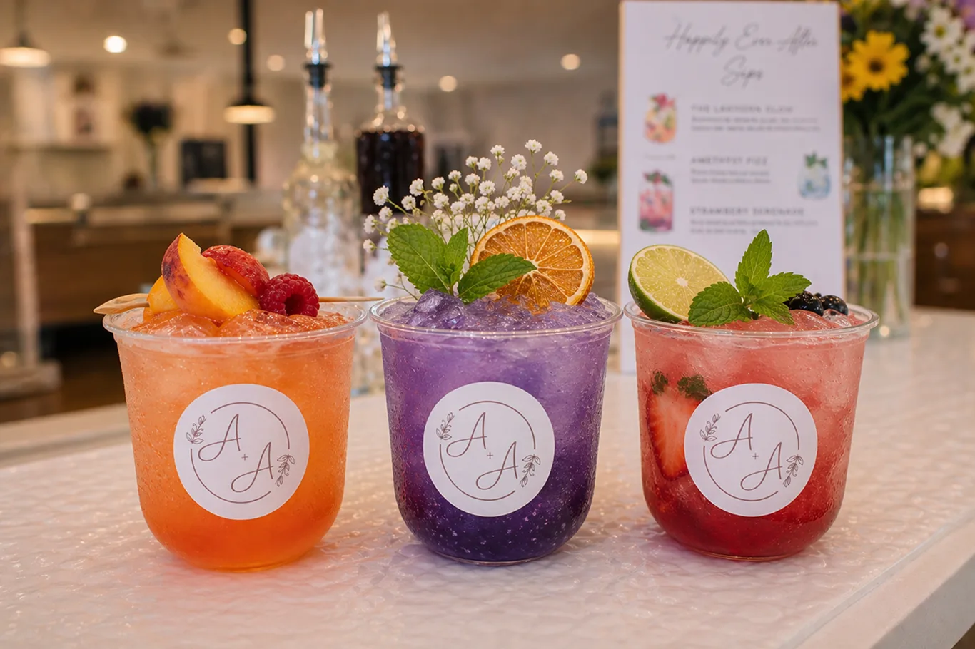 Three signature mocktails with custom A+A menu